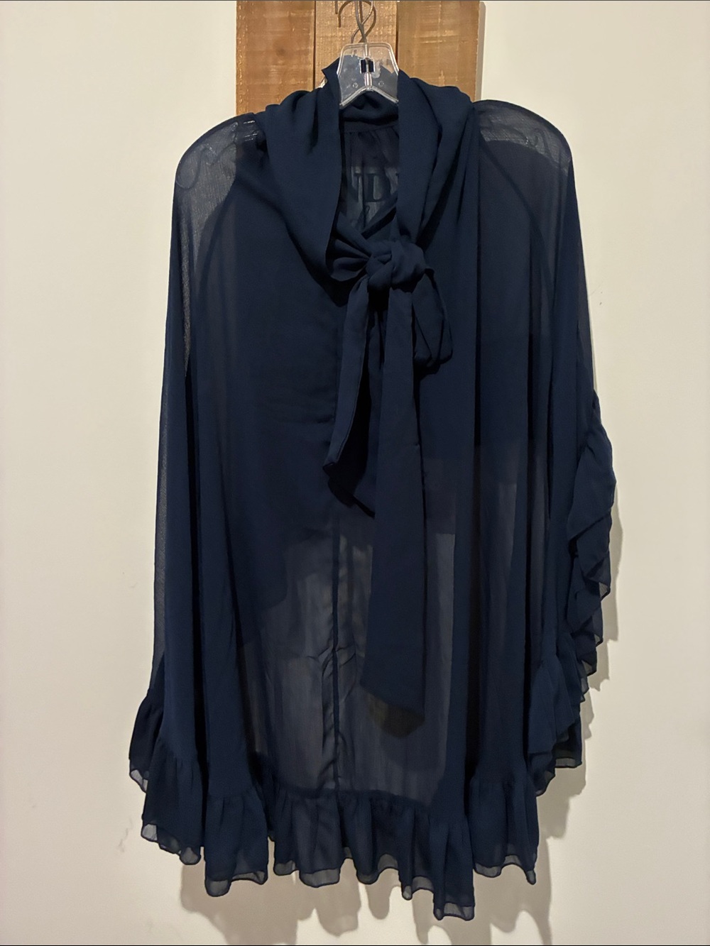 Commense Navy Tie-Neck Sheer Top